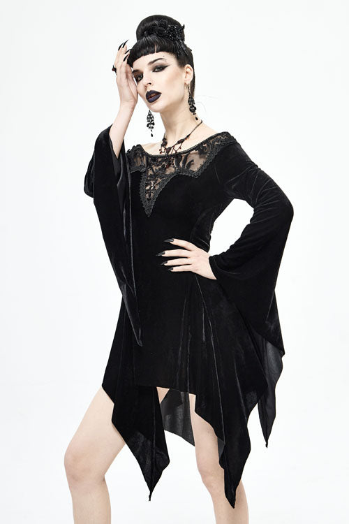 Black Off The Shoulder Hollow Out Irregular Long Sleeves Gothic Dress - Product - 3