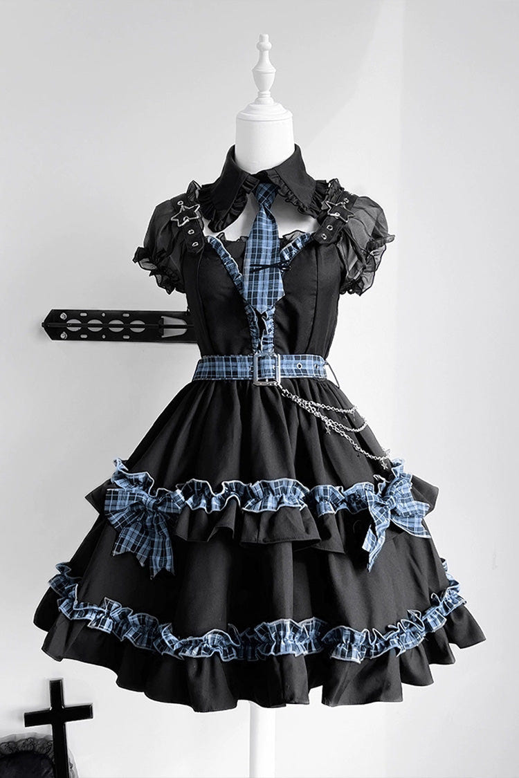 ブラック [Dark Night Starlight] チェーン フリル リボン レース バックル ゴシック カレッジスタイル ロリータワンピース セット 商品画像