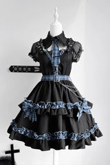 Black [Dark Night Starlight] Chain Ruffle Bowknot Lace Buckle Gothic College Style Lolita Dress Set - Black - 1