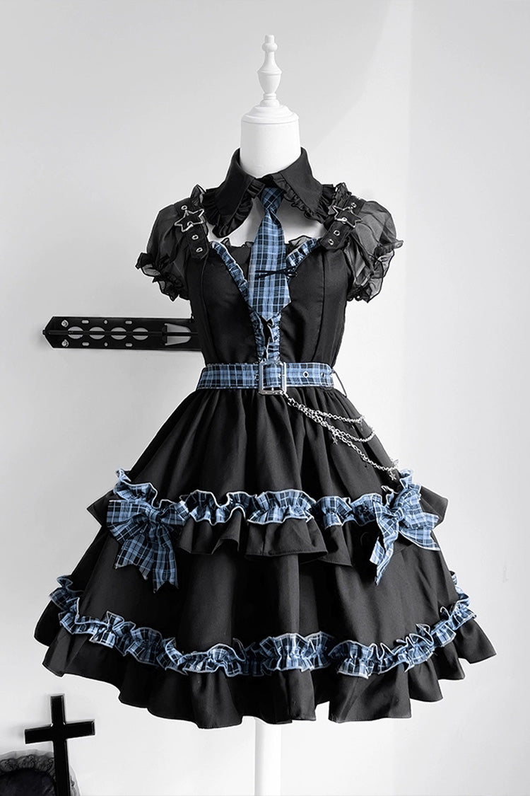 Black [Dark Night Starlight] Chain Ruffle Bowknot Lace Buckle Gothic College Style Lolita Dress Set - Black - 1