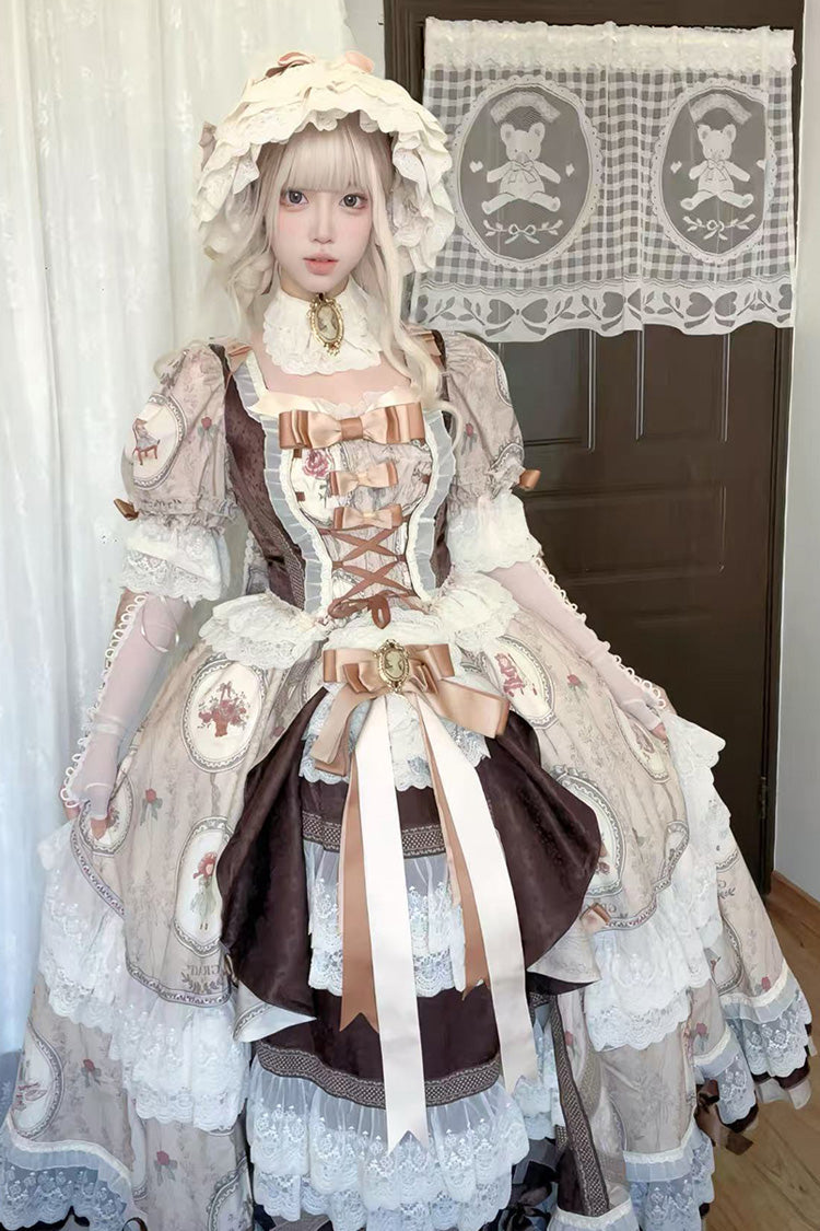 Brown [Baker Street Tea Party] Short Sleeves High Waisted Print Ruffle Embroidery Cardigan Bowknot Lace-Up Classic Vintage Princess Lolita Dress - Product - 8