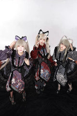 [Werewolf] Fairy Tale Lapel Collar Long Sleeves Printed Ruffled Open-Front Lace Heavy-Detailed Gothic Lolita Skirt Set (Red, Grey, Purple) - Product - 4
