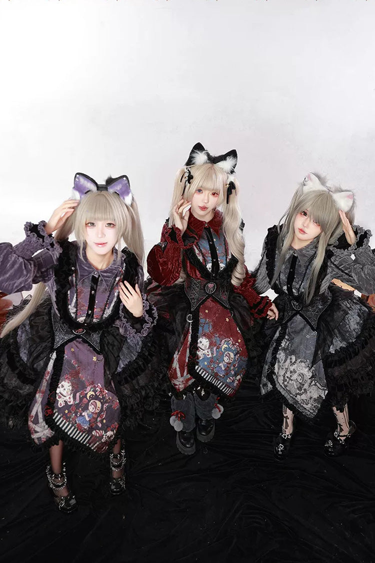 [Werewolf] Fairy Tale Lapel Collar Long Sleeves Printed Ruffled Open-Front Lace Heavy-Detailed Gothic Lolita Skirt Set (Red, Grey, Purple) - Product - 4