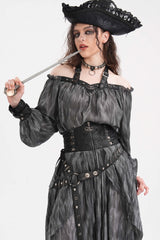 Grey Buckle-up Halterneck Long Sleeves Women's Gothic Blouse - Product - 8