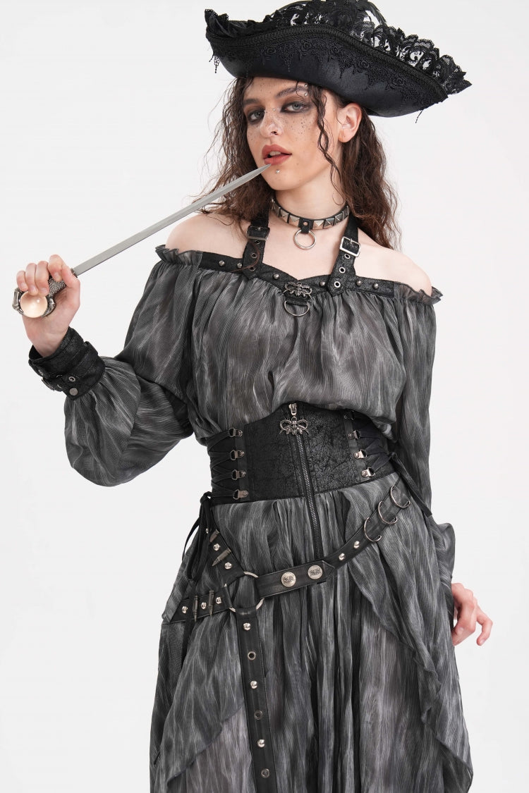 Grey Buckle-up Halterneck Long Sleeves Women's Gothic Blouse - Product - 8