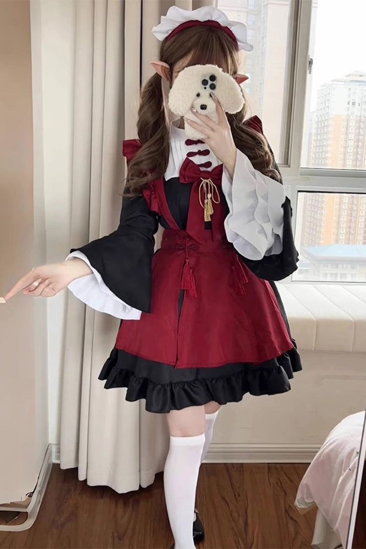 Black/Red Maid Long Trumpet Sleeves Ruffle Bowknot Classic Plus Size Chinese Style Lolita Dress Full Set - Product - 2