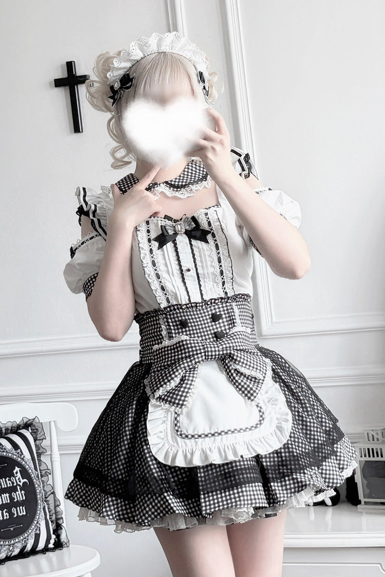 Jirai Kei Square Collar Off Shoulder Short Sleeves Printed Bow Sweet Maid Skirt Set 2 Colors - Product - 13