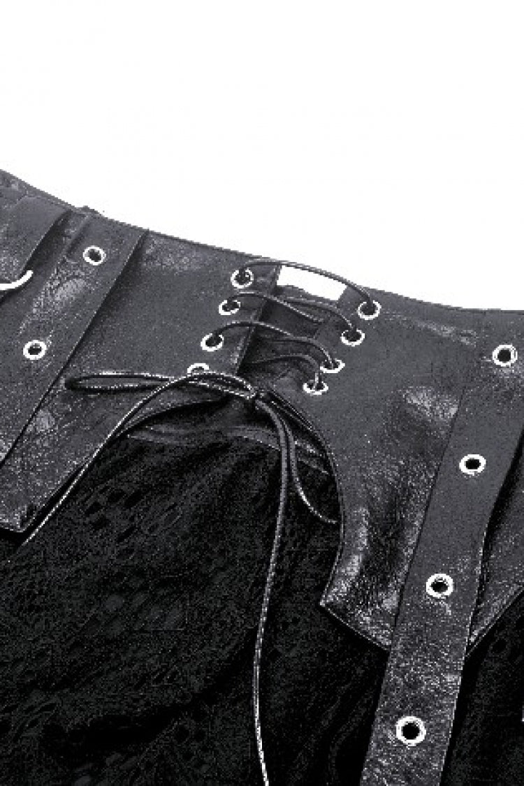 Black Faux Leather Spliced Lace Lace-Up Women's Punk Mini Skirt - Product - 14