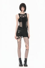 Black Women's Punk Sleeveless Studded Pentagram Sheer Mesh Splice Tank Top - Product - 2