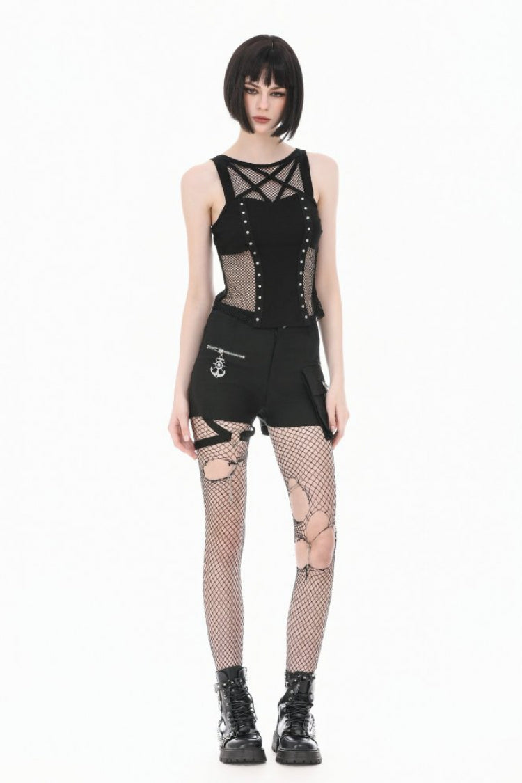 Black Women's Punk Sleeveless Studded Pentagram Sheer Mesh Splice Tank Top - Product - 2