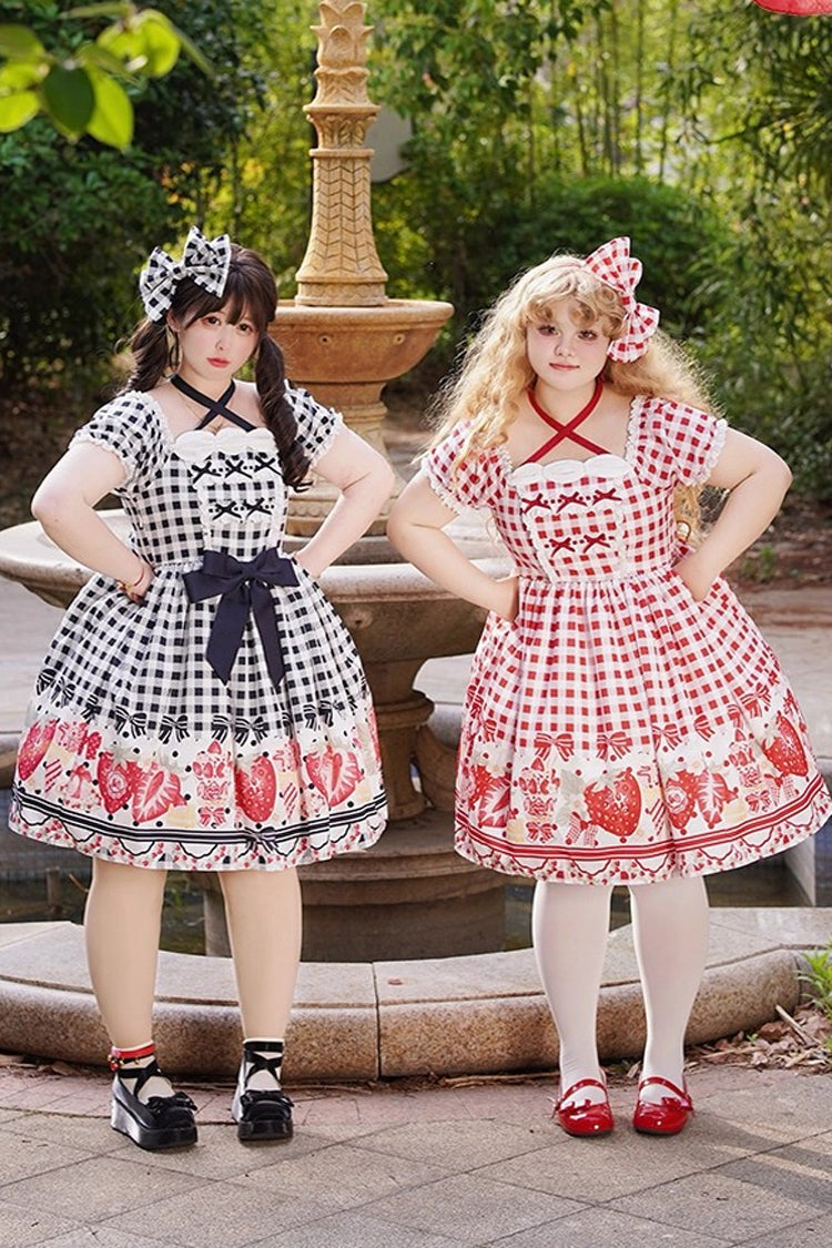 Red Short Sleeves Strawberry Plaid Print Bowknot Sweet Plus Size Princess Lolita Dress - Product - 7