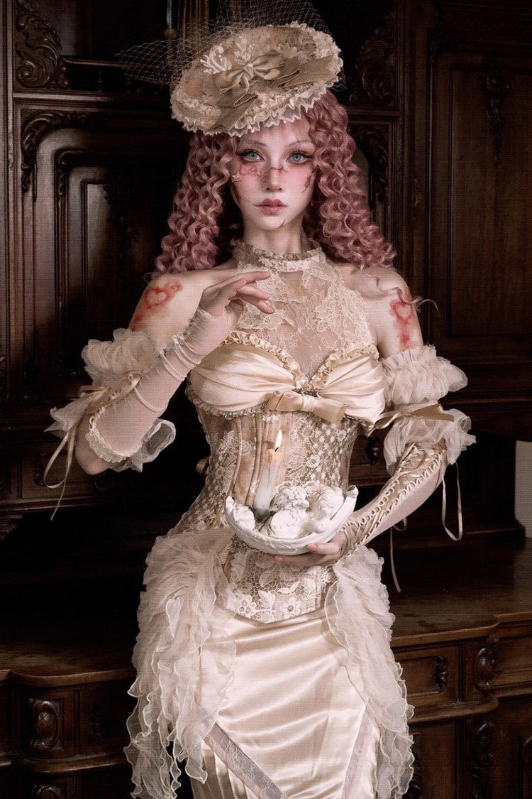 Golden [Cupid’s Poetry Box] Halterneck Ruffled Embroidered Bow Lace Slim Fishbone Gothic Lolita Top and Skirt Dress Set - Product - 8
