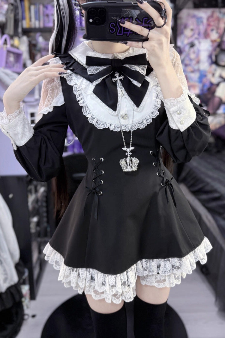 Black/White [Divine love] Long Sleeves Hollow Bowknot Lace Lace-Up Sweet Jirai Kei Dress Shorts Set - Product - 7