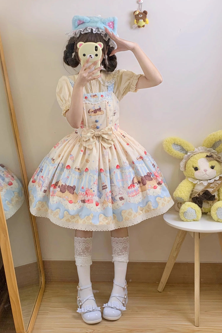 Cream Party Print Bowknot Stitching Lace Sweet (Dress Only) detail view 5