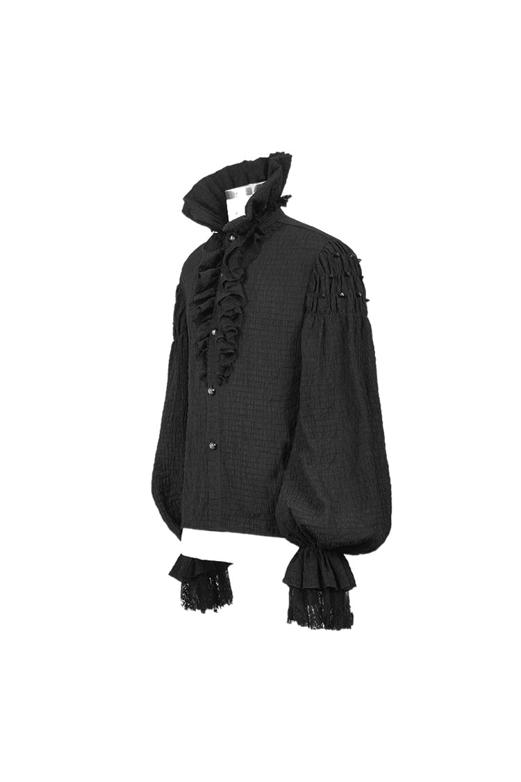 Black High Collar Chiffon Chest Frilly Beading Long Sleeve Lace Cuff Men's Gothic Shirt - Product - 8