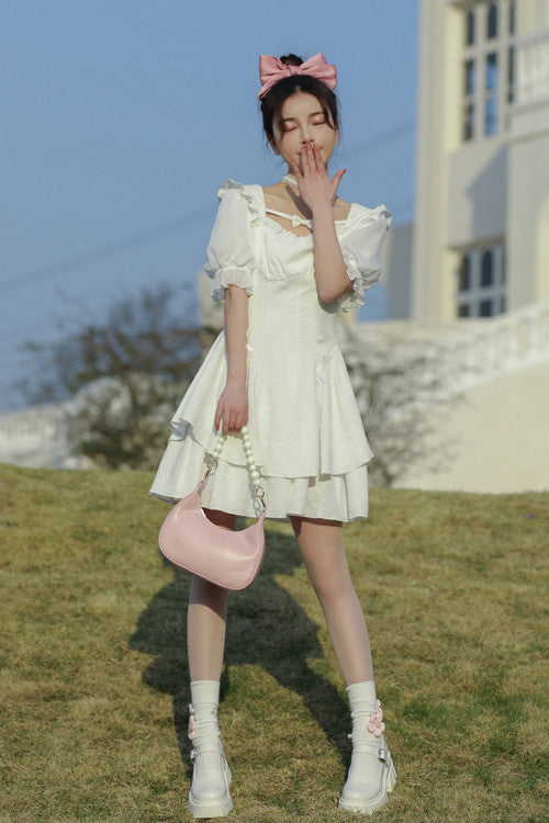 White Ruffled Square Collar Bubble Short Sleeves Double Layer Embossed Fabric Sweet Lolita Dress - Product - 2