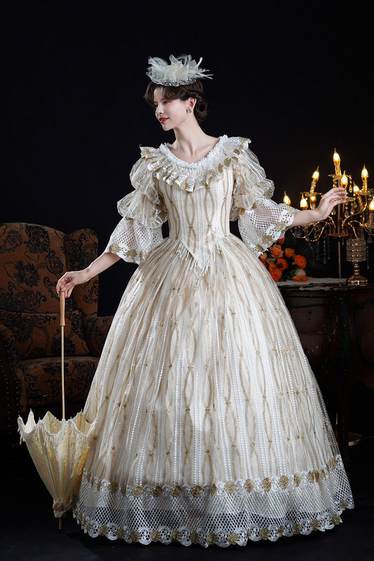 Champagne Long Puff Sleeves Ruffled Cut-Out Mesh Classic Vintage Palace Lolita Victorian Dress - Product - 2