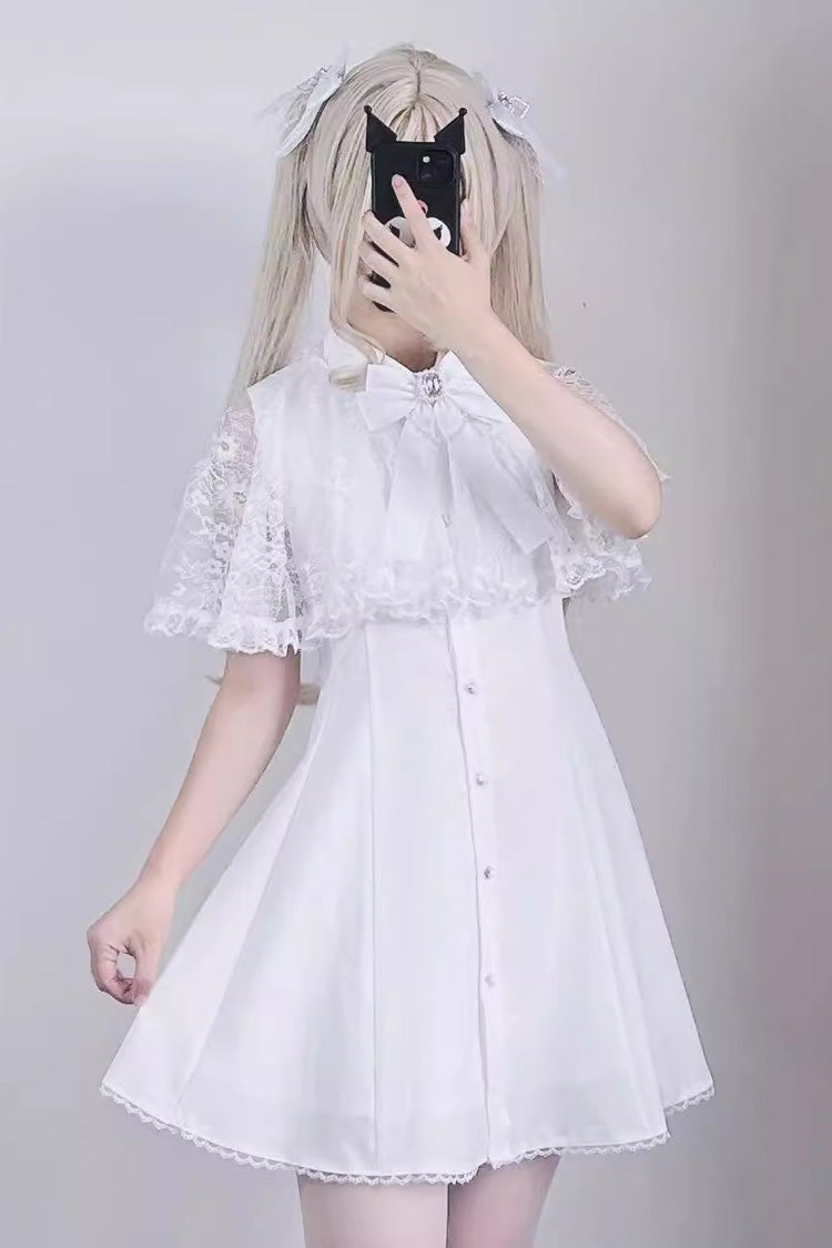 Lace Shawl Sleeveless Bowknot Chiffon Slim Jirai Kei Dress 2 Colors - White - 1