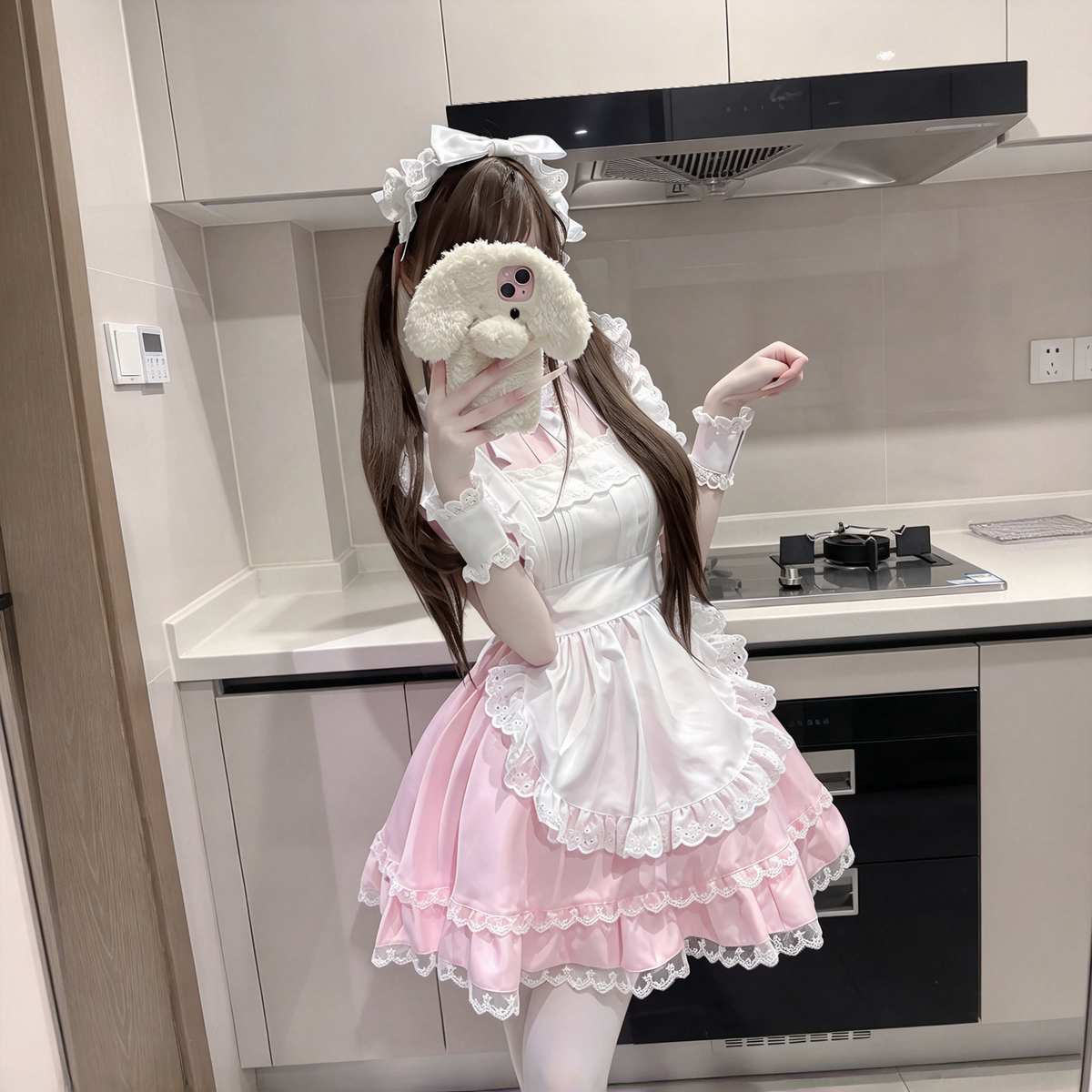 Light Blue and White Ruffled Maid Lolita Halter Dress with Apron Accent - view 9