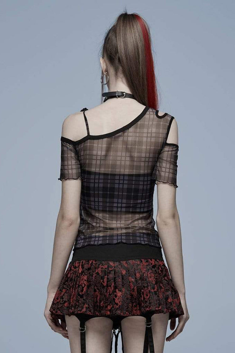 Asymmetrical Cutout Neckline Strap Design Plaid Mesh Women's Punk T-Shirt - Product - 5