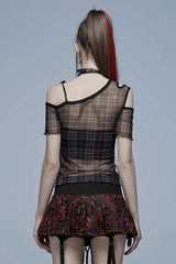 Asymmetrical Cutout Neckline Strap Design Plaid Mesh Women's Punk T-Shirt - Product - 5