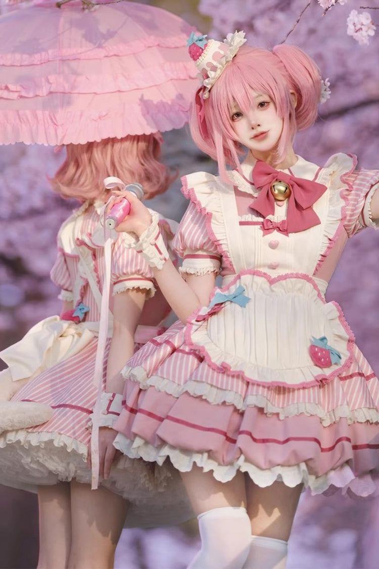Pink [Berry Bubbles] Stripe Print Ruffle Bowknot Lace Sweet Lolita Dress - Product - 4