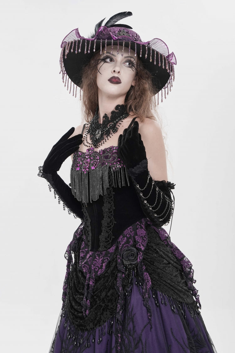 Black/Purple Lace-Up Women's Gothic Embroidered Tassels  Overbust Corset - Product - 2