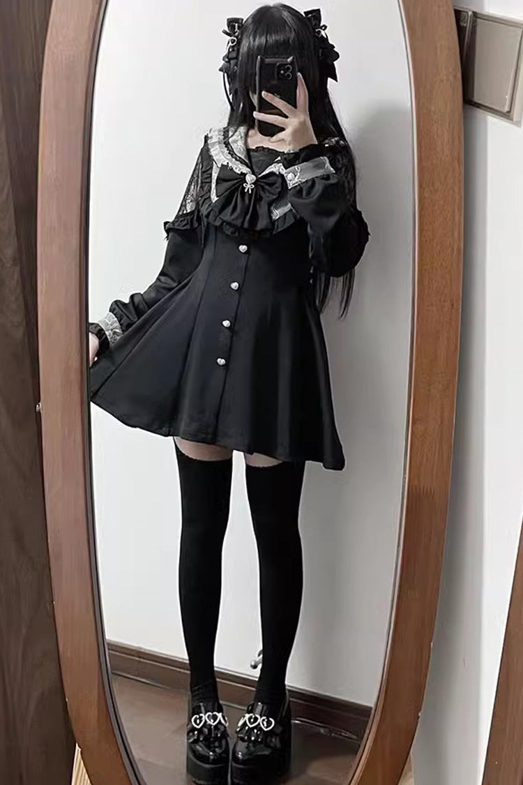 Black Long Sleeves Bowknot Stitching Lace Jirai Kei Japanese Dress Shorts Set - Product - 2