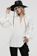 Women's Turn-down Collar Long Sleeves Lace Ruched Gothic Blouse 2 Colors - Product - 4