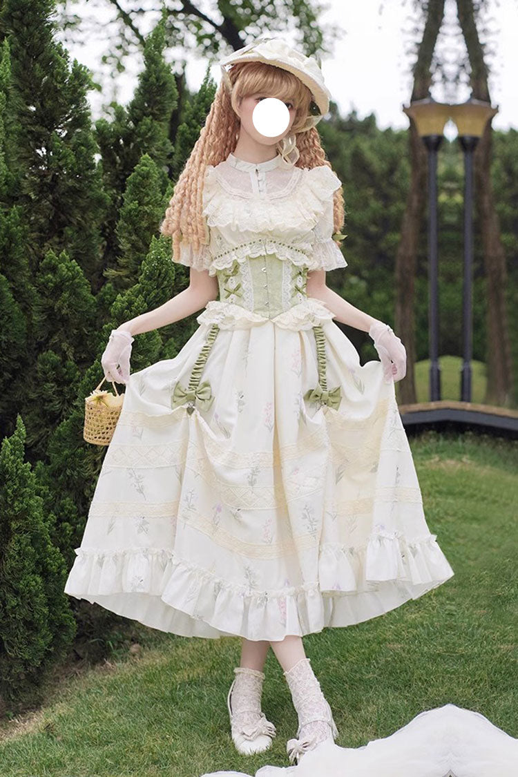 White/Green Letters and Poems to Austen Short Sleeves Print Hollow Lace Sweet Elegant Lolita Dress - White/Green - 1