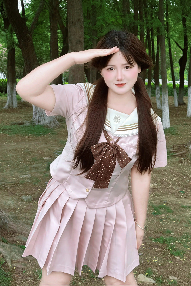 Pink Short Sleeves Triple-Layered Ruffled Bow Plus Size Japanese Preppy Style Sweet Sailor Collar Two-piece Set - Product - 7
