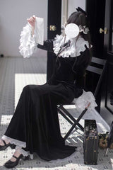 Black [Raven-Feather Poetic Letter] Velvet Long Hime Sleeves Ruffle Bowknot Gothic Elegant Lolita Fishtail Dress - Product - 8