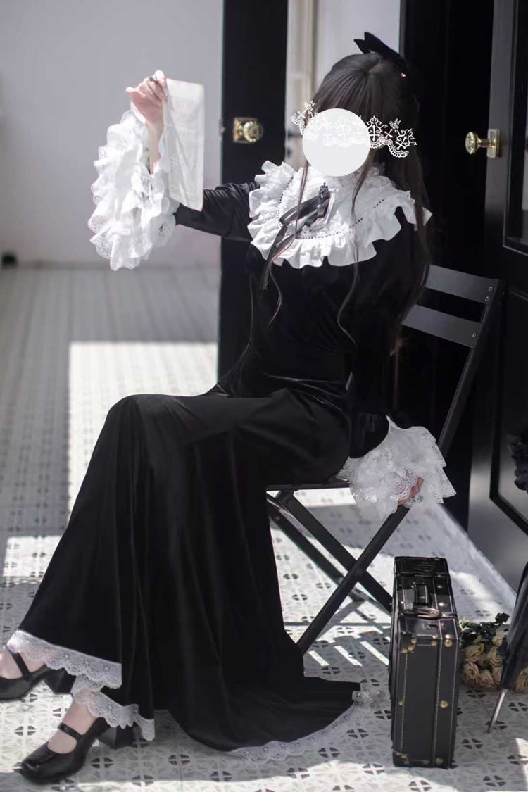 Black [Raven-Feather Poetic Letter] Velvet Long Hime Sleeves Ruffle Bowknot Gothic Elegant Lolita Fishtail Dress - Product - 8