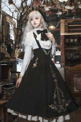 Black/White [Violin Variations] Ruffled Embroidered Gothic Lolita Jumper Dress Set - Product - 6