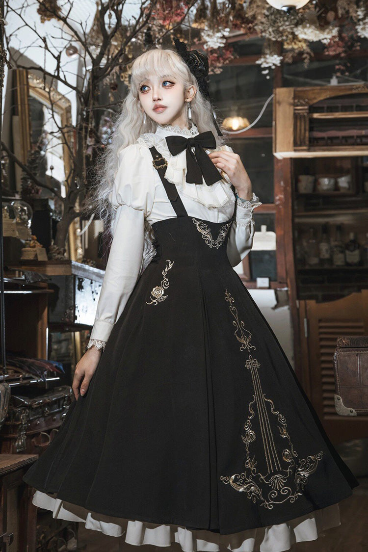 Black/White [Violin Variations] Ruffled Embroidered Gothic Lolita Jumper Dress Set - Product - 6