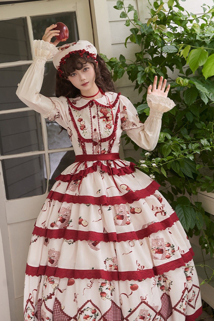 Red/Beige Triple-Layered [Apple Orchard] Print Ruffle Embroidery Sweet Lolita Long Skirt - Product - 11