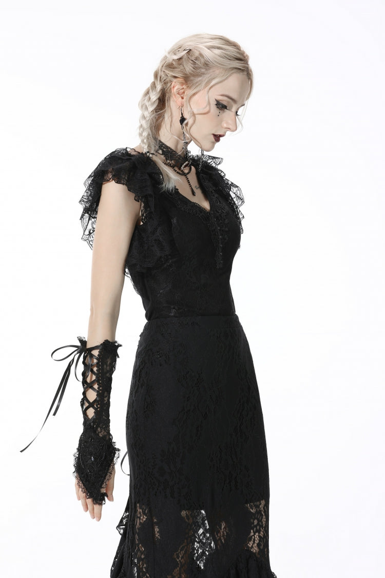 Black Plunging V Collar Short Sleeves Ruffled Lace Sexy Women's Gothic Crop Top - Product - 8