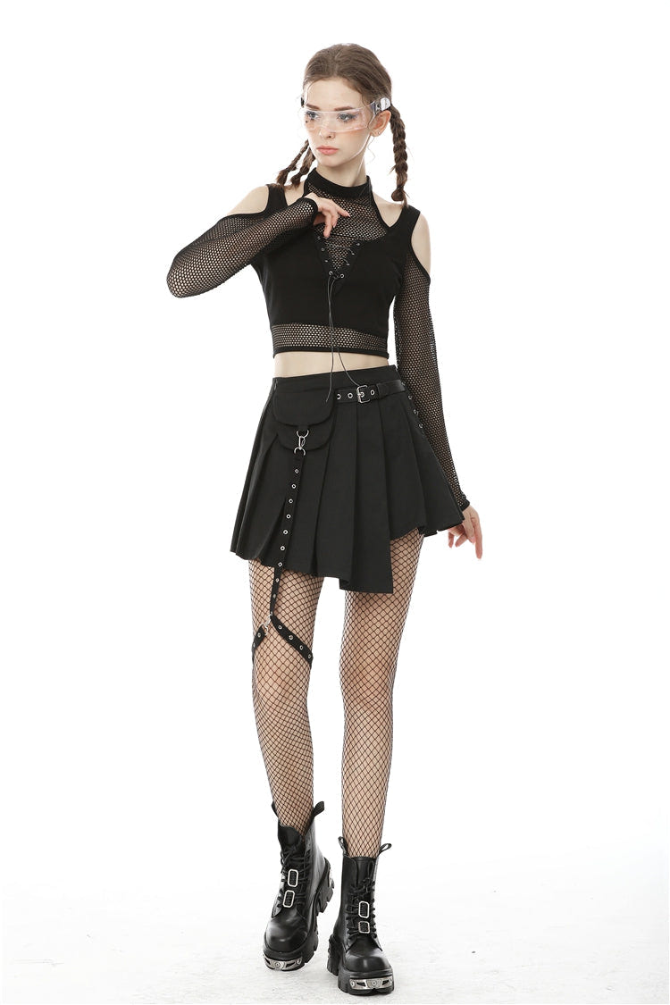 Black Off Shoulder Long Sleeves Lace-Up Chest Straps Sheer Mesh Women's Punk Top - Product - 8