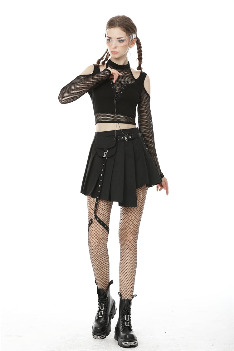 Black Off Shoulder Long Sleeves Lace-Up Chest Straps Sheer Mesh Women's Punk Top - Product - 8