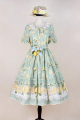 Green [Lemon Chicken] Short Sleeves Print Ruffle Bowknot Lace Daily Sweet Lolita Dress - Product - 3