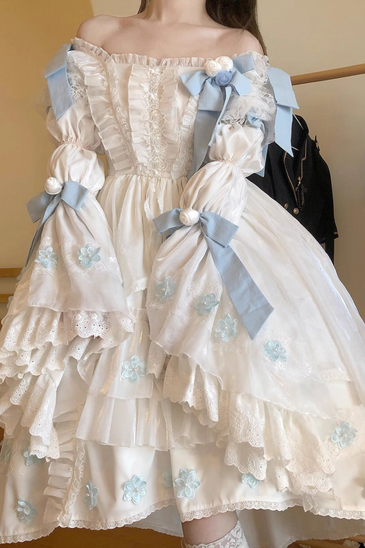 White Boat Neck Multi-layer Ruffle Hanayome Bowknot Sweet Princess Lolita Strapless Dress - Product - 8