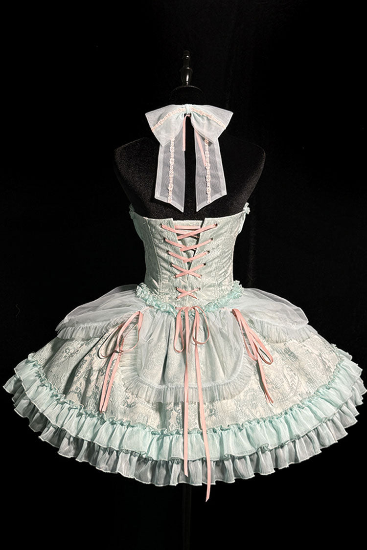 Green Cross Halterneck Ruffle Bowknot Lace Lace-Up Princess Sweet Lolita Dress - Product - 8
