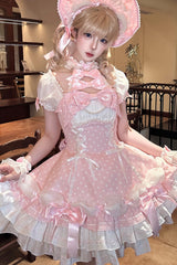 Pink Halterneck Short Sleeves Triple-Layered Polka Dot Printed Bow Lace-Up Sweet Lolita Dress - Product - 5