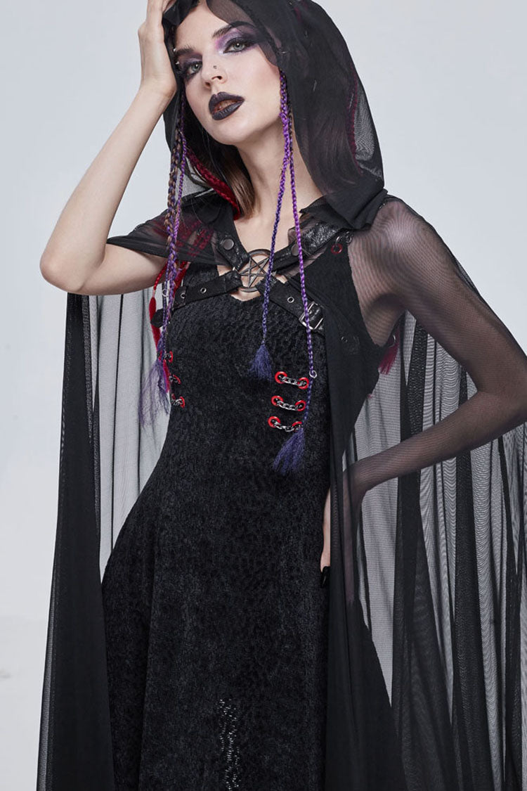 Black Punk Cross Leather Straps On Chest Design Metal Five-Pointed Star Decoration Long Hooded Women's Cape - Product - 9