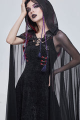 Black Punk Cross Leather Straps On Chest Design Metal Five-Pointed Star Decoration Long Hooded Women's Cape - Product - 9