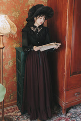 Black/Red Long Sleeves High Waisted Printed Lace Gothic Vintage Lolita Long Skirt Dress Set - Product - 2