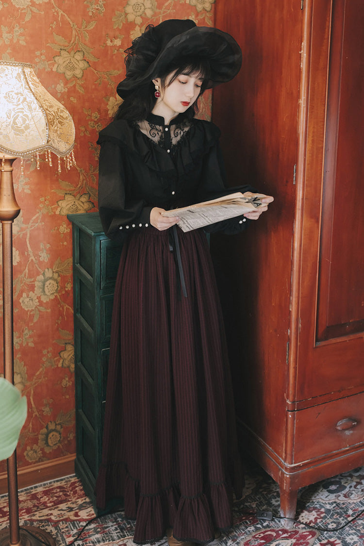 Black/Red Long Sleeves High Waisted Printed Lace Gothic Vintage Lolita Long Skirt Dress Set - Product - 2