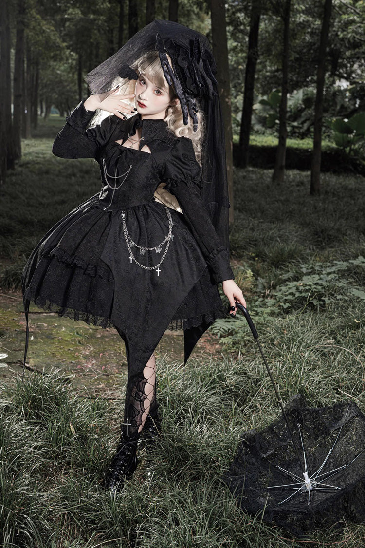 Black Dark Night Law Long Sleeves High Waisted Cardigan Bowknot Lace Gothic Lolita Dress - Product - 4