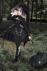 Black Dark Night Law Long Sleeves High Waisted Cardigan Bowknot Lace Gothic Lolita Dress - Product - 4