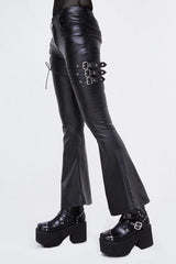 Black Hasp Leather Side Lace-Up Leather Tight Flared Women's Punk Pants - Product - 7